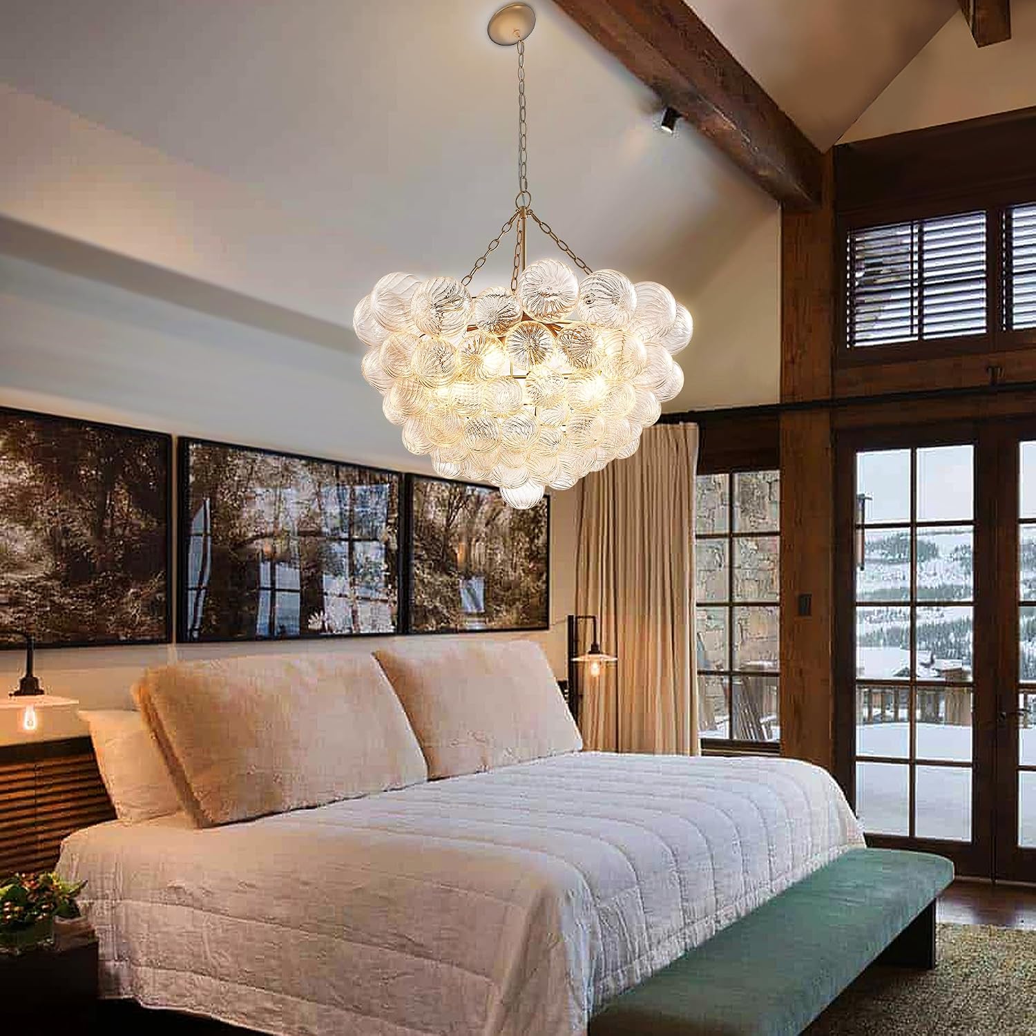 Longree Nordic Bubble Ball Swirled Glass Chandelier, Diam 31' Gild Gold and Clear Modern Hand Blown Glass Pendant Light Fixture 9-Light for Dining Room, Bedroom, Study, Restaurant, Hallway
