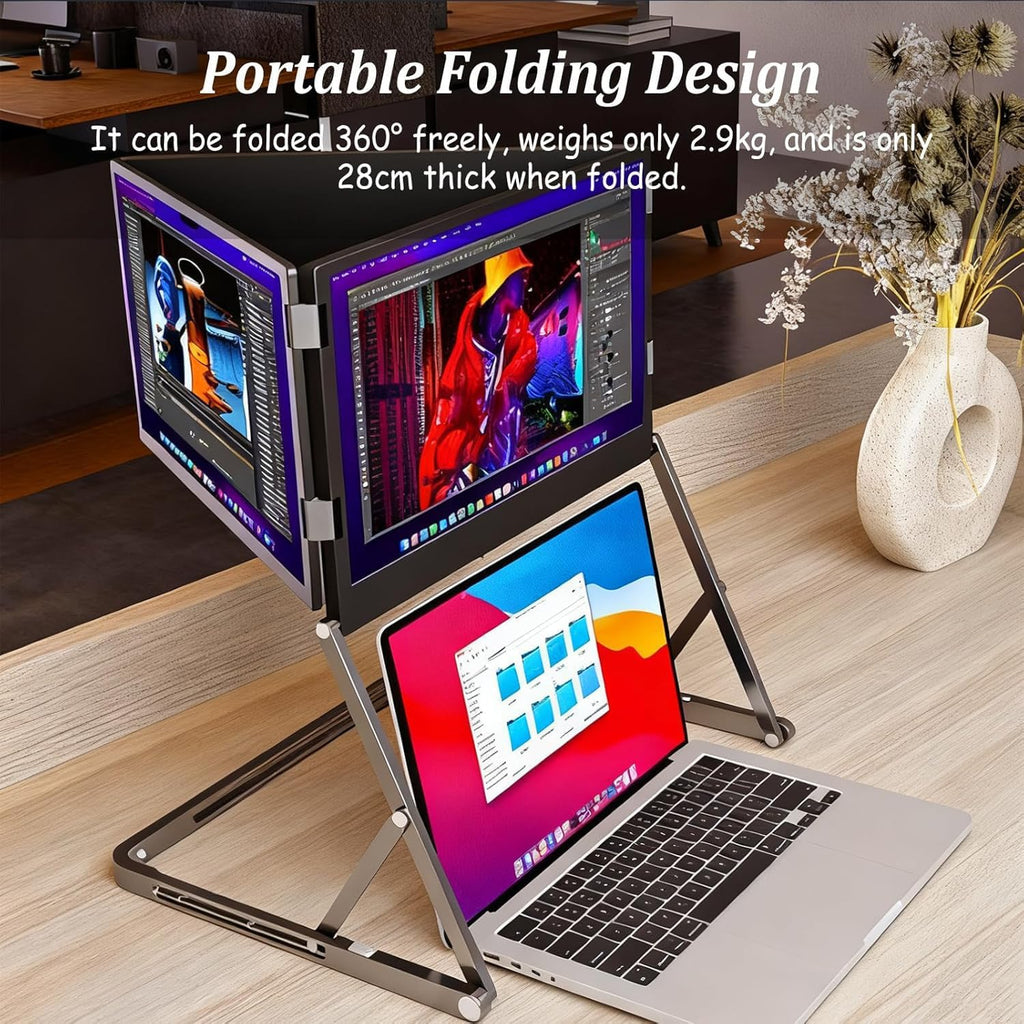 15.6-inch Laptop Screen Extender, Triple Monitor, 1920 x 1080 FHD Portable Triple fold Monitor, Compatible with Windows and Macos, 360 ° Rotation Angle