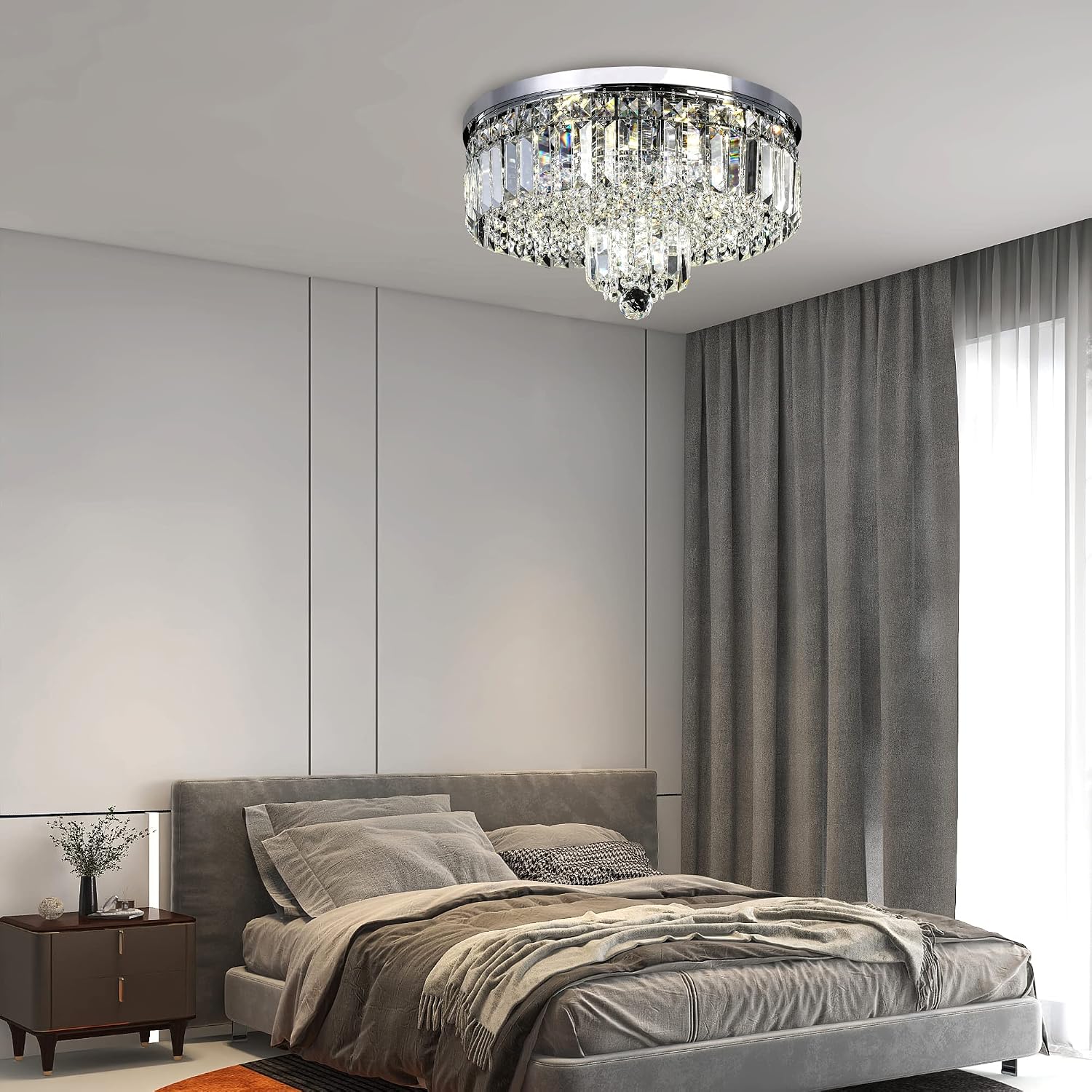 Modern Crystal Chandeliers 6-Light Crystal Ceiling Light Fixtures Flush Mount Round Light Fixture for Living Room Bathroom Kitchen, H9.8'' x Dia16''
