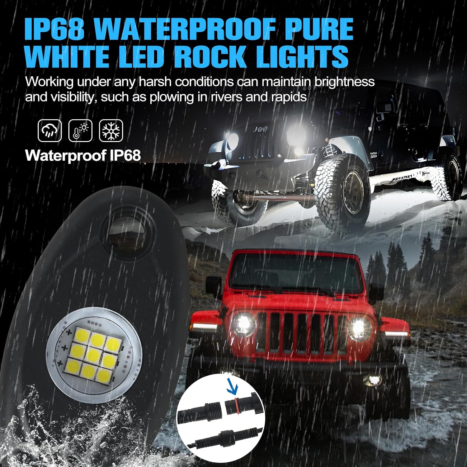 24pods White Rock Lights kit Dc 12v-80v 6000k Aluminum Pure White Led Rock Lights with Switch Wiring Harness Kit Ip68 Waterproof for Trucks Pickup Offroad Car SUV Utv ATV Rv Fends Underglow Lights