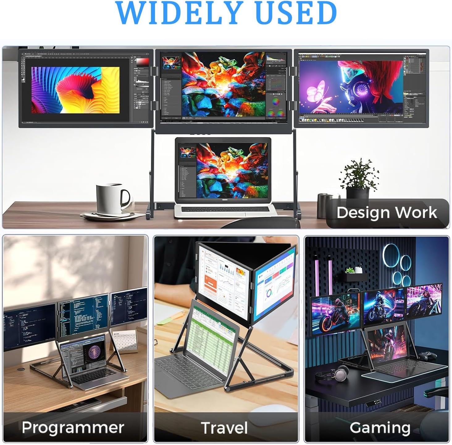 Laptop Tri-Fold Monitor, 15.6' Fhd 3 Screen Display with USB-C & Hdmi, Triple Portable Monitor for Laptop, Adjustable Display Modes and Rotatable Screens