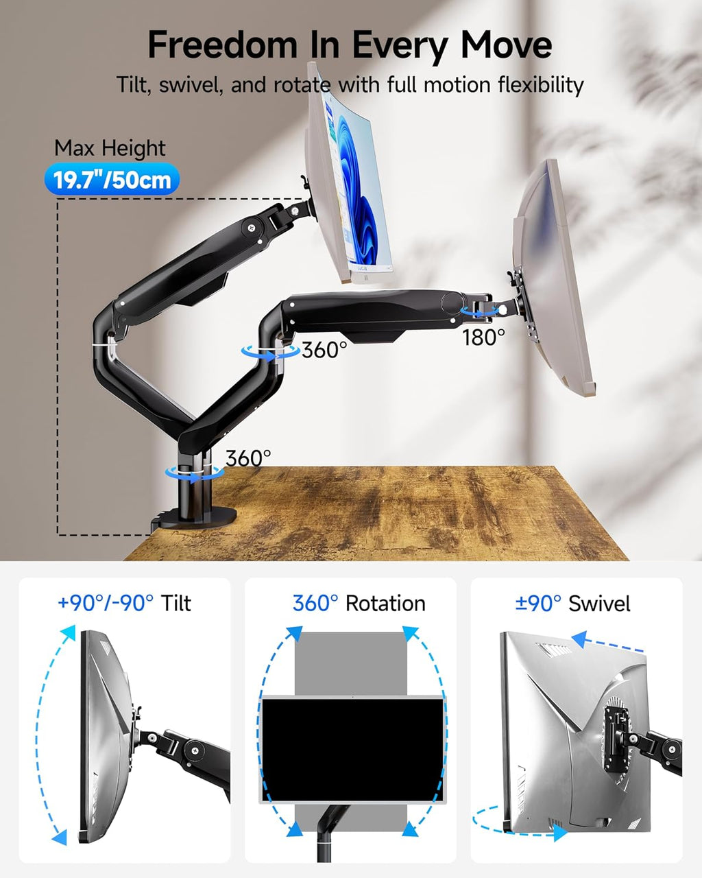 BIZUM Dual Monitor Stand for 17″-42', Heavy Duty Ultrawide Monitor Arm Dual-Monitor Mount VESA Mount with Clamp/Grommet Base, Holds 33.1lbs per Arm, Black