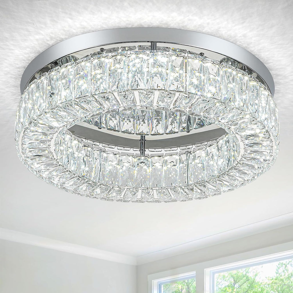 HOPGGIE 18 Inch Crystal Chandelier LED Ceiling Light Flush Mount Ceiling Light Fixtures Luxury Large Chandelier Light for Living Room Bedroom Dining Room Closet (Cool White)