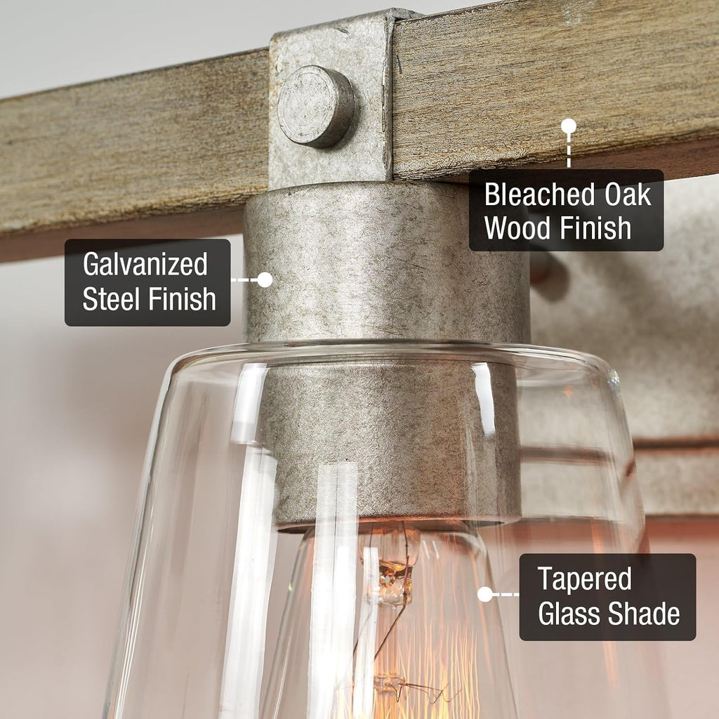 Kira Home Asher 23' 3-Light Farmhouse Vanity Light with Clear Tapered Shades, Hand-Painted Wood Grain Metal Bathroom Light, Bleached Oak Wood and Galvanized Steel Finish