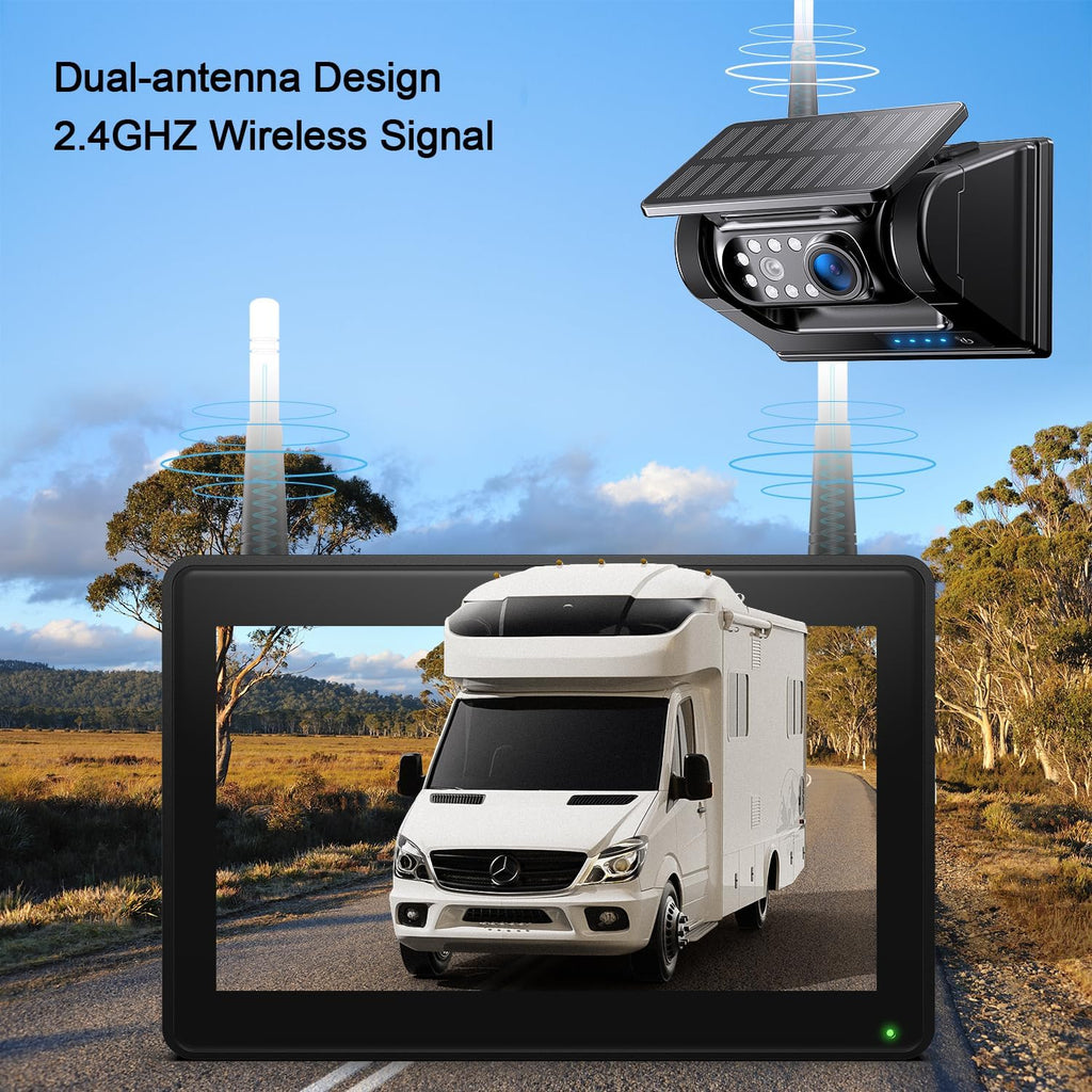 Fookoo 2 Magnetic Solar Wireless Backup Camera 7' IPS Touchscreen Monitor 1 Min DIY Install Portable Scratch-Proof No Drilling HD 1080P DVR Rechargeable Night Vision for Car RV Truck Camper - DCM702