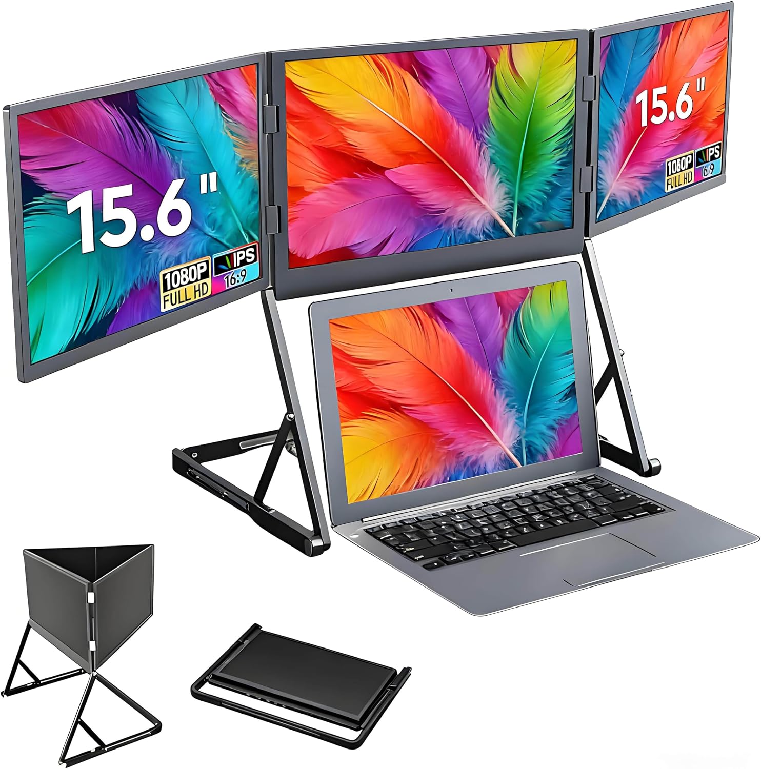 15.6' Laptop Screen Extender Monitor Portable, Triple Monitor with 360° Rotation Adjustable Viewing Angles, Just 1 Cable for 3 Screens, FHD 1080P IPS Laptop Extender Compatible with Wins/Mac