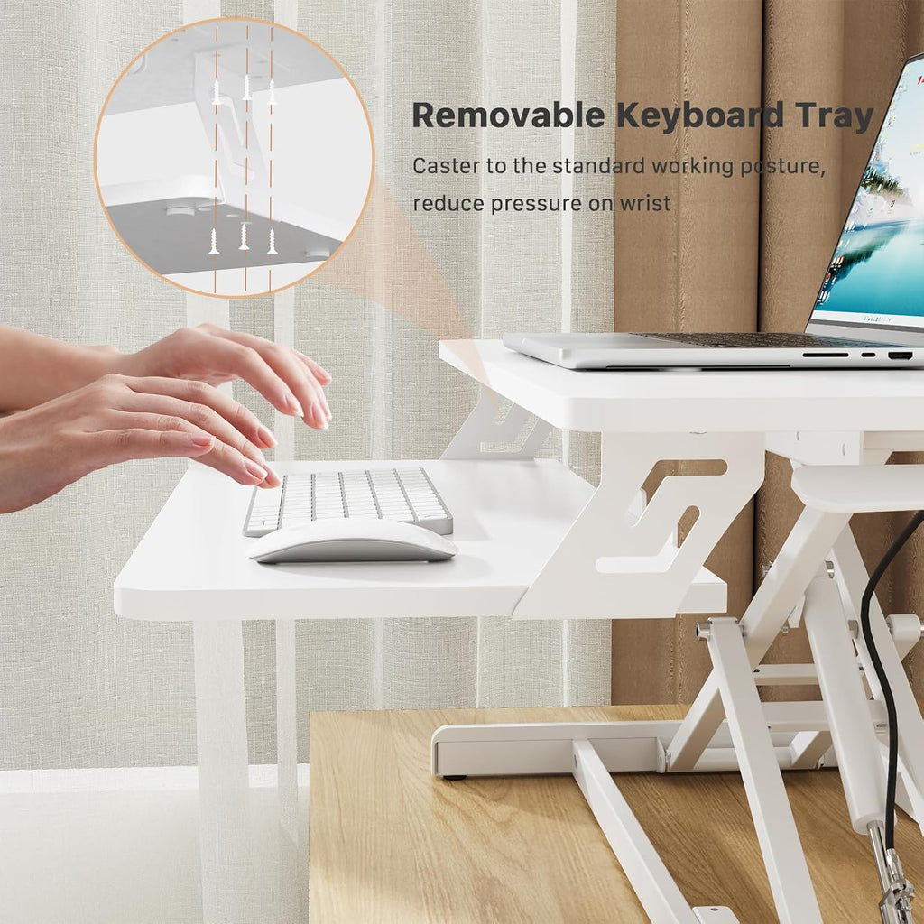JOY worker Standing Desk Converter, 32' Wide Height Adjustable Sit Stand Up Desk Riser with Keyboard Tray, Desktop Workstation Riser for Home Office Computer Laptop, Particle Board, White
