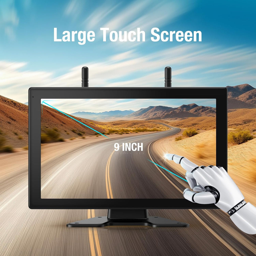 4 Magnetic Solar Wireless Backup Camera System, 9' IPS Touchscreen HD 1080P DVR Monitor Wireless Rearview Camera for Hitch Towing RV Camper Trailer 15000mAh Rechargeable Battery
