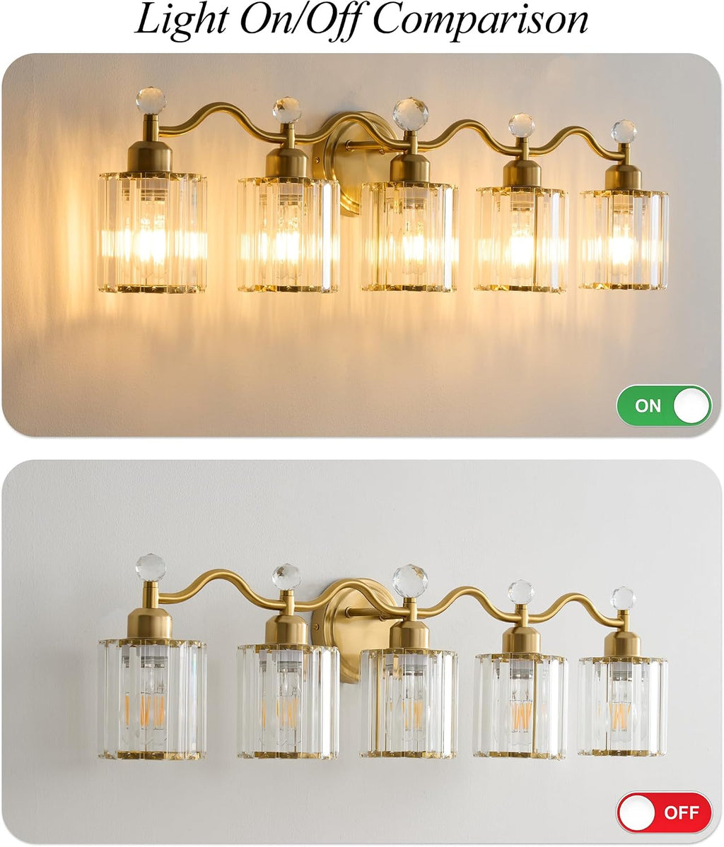 Bathroom Vanity Light Fixtures 5-lights, Gold Crystal Vanity Lights for Bath, Bathroom Lights Fixture with Clear Crystal Glass Shade, Modern Wall Light over Mirror, Wall Sconces Light for Hallway