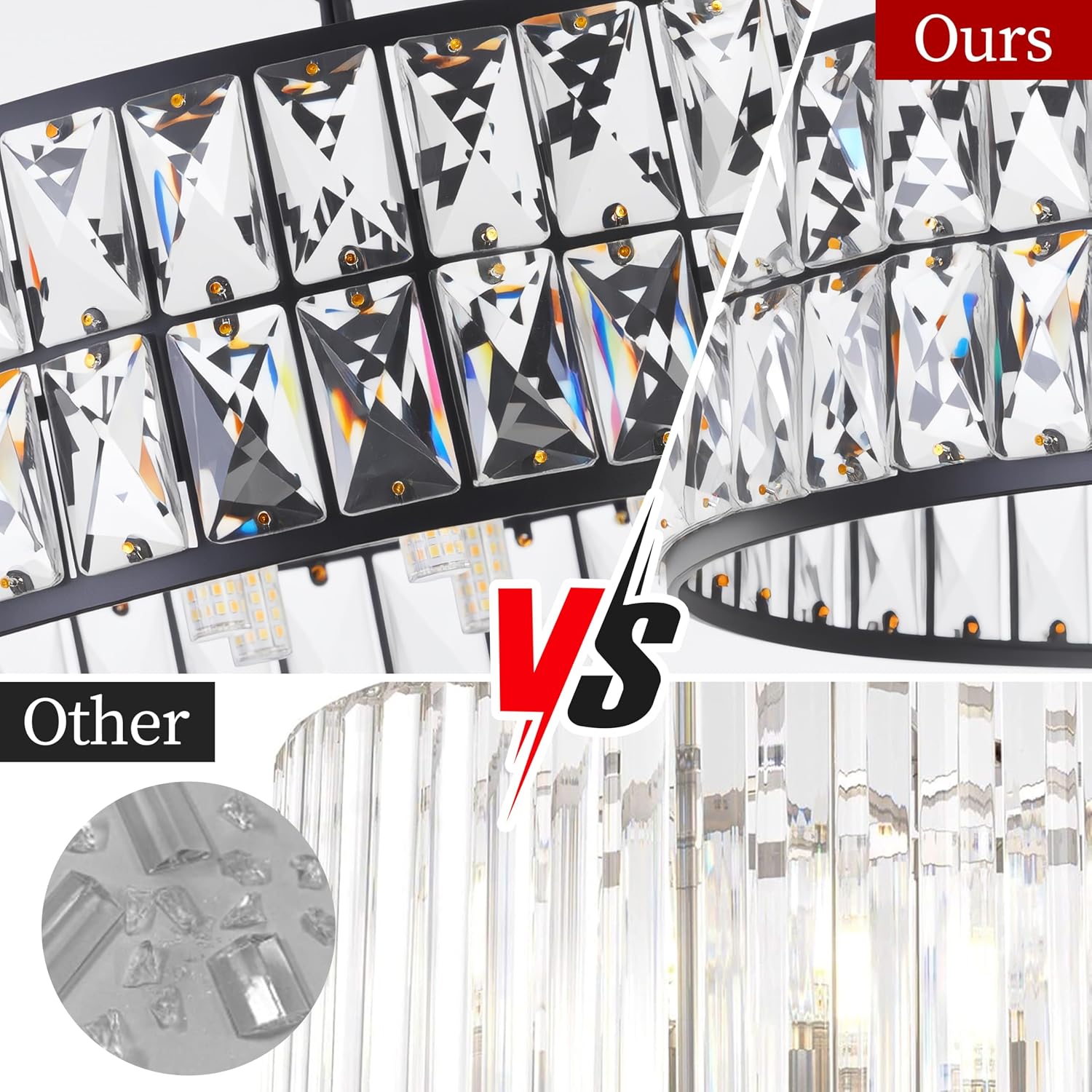Modern Elegant 6-Light Black Crystal Chandelier, 18-Inch Oversized Round Semi Flush Mount Ceiling Light Fixture, Perfect for Enhancing Kitchen Island Ambiance & Stylish Entryway Décor