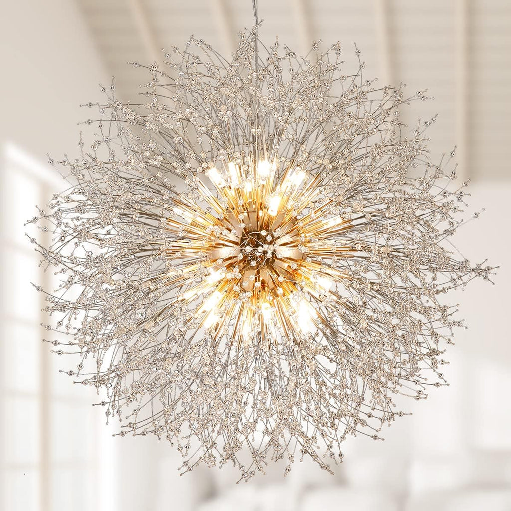 Gold Crystal Chandeliers Dandelion, 31.4' Steel Firework Chandelier Large Lighting, 16-Light Modern Sputnik Pendant Light Fixture for Living Room Bedroom