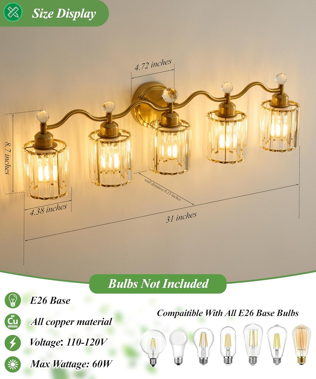 Bathroom Vanity Light Fixtures 5-lights, Gold Crystal Vanity Lights for Bath, Bathroom Lights Fixture with Clear Crystal Glass Shade, Modern Wall Light over Mirror, Wall Sconces Light for Hallway