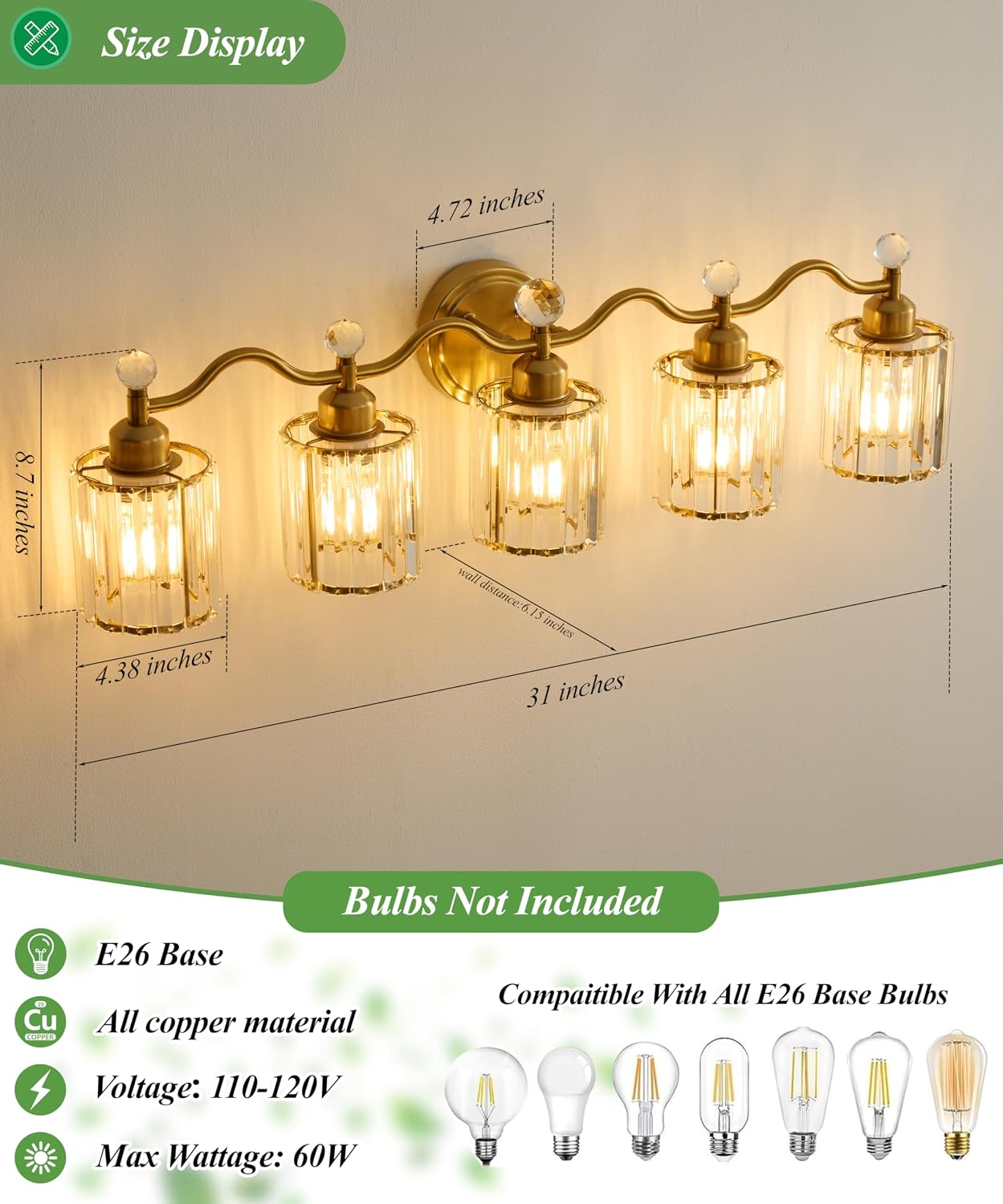 Bathroom Vanity Light Fixtures 5-lights, Gold Crystal Vanity Lights for Bath, Bathroom Lights Fixture with Clear Crystal Glass Shade, Modern Wall Light over Mirror, Wall Sconces Light for Hallway