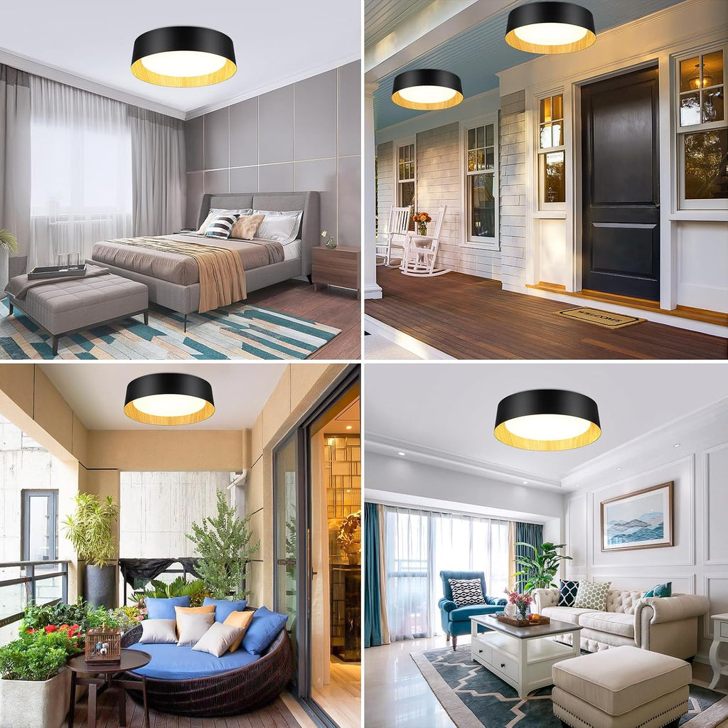 BrightHome 2-Pack 16in Flush Mount Ceiling Light, 3000LM 30W(300W Equiv), LED Ceiling Light Fixture 5CCT 2700K 3000K 4000K 5000K 6000K, Dimmable Ceiling Lamp for Bathroom Hallway, Black and Wood