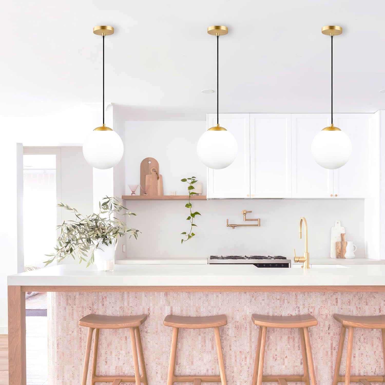 KoKo&Yukina 8' Gold Glass Globe Modern Pendant Lights 2 Pack Mid Century Milky White Glass Pendant Light Fixtures Adjustable Hanging Pendant Lighting for Kitchen Island Bedroom Hallway Bulbs Incl.