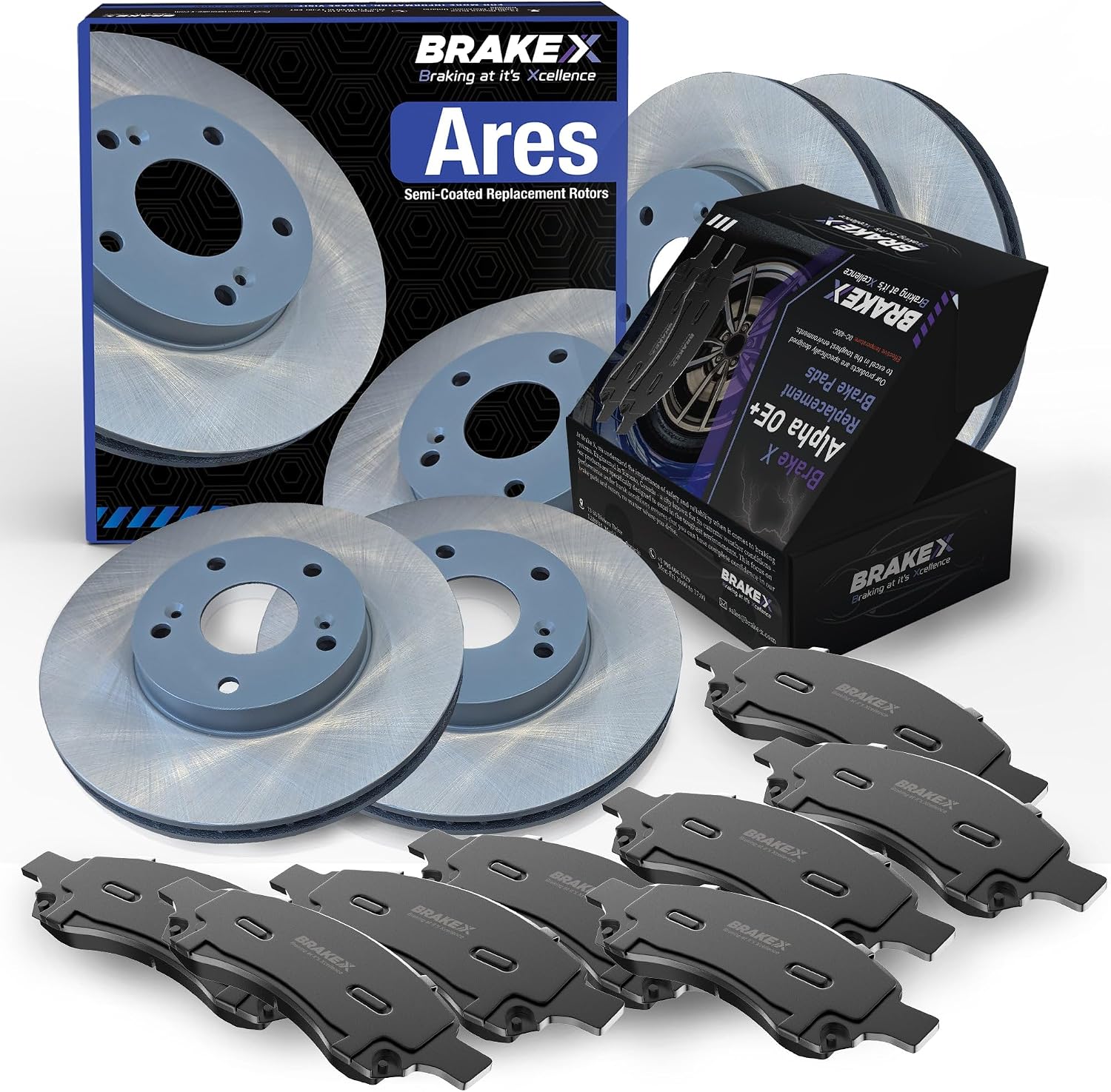 Brake X Front and Rear Brake Pads and Rotors Kit replacement for 2016-2020 LEXUS RX350 | ARES Semi Coated Rotors and Alpha Ceramic Brake Pads