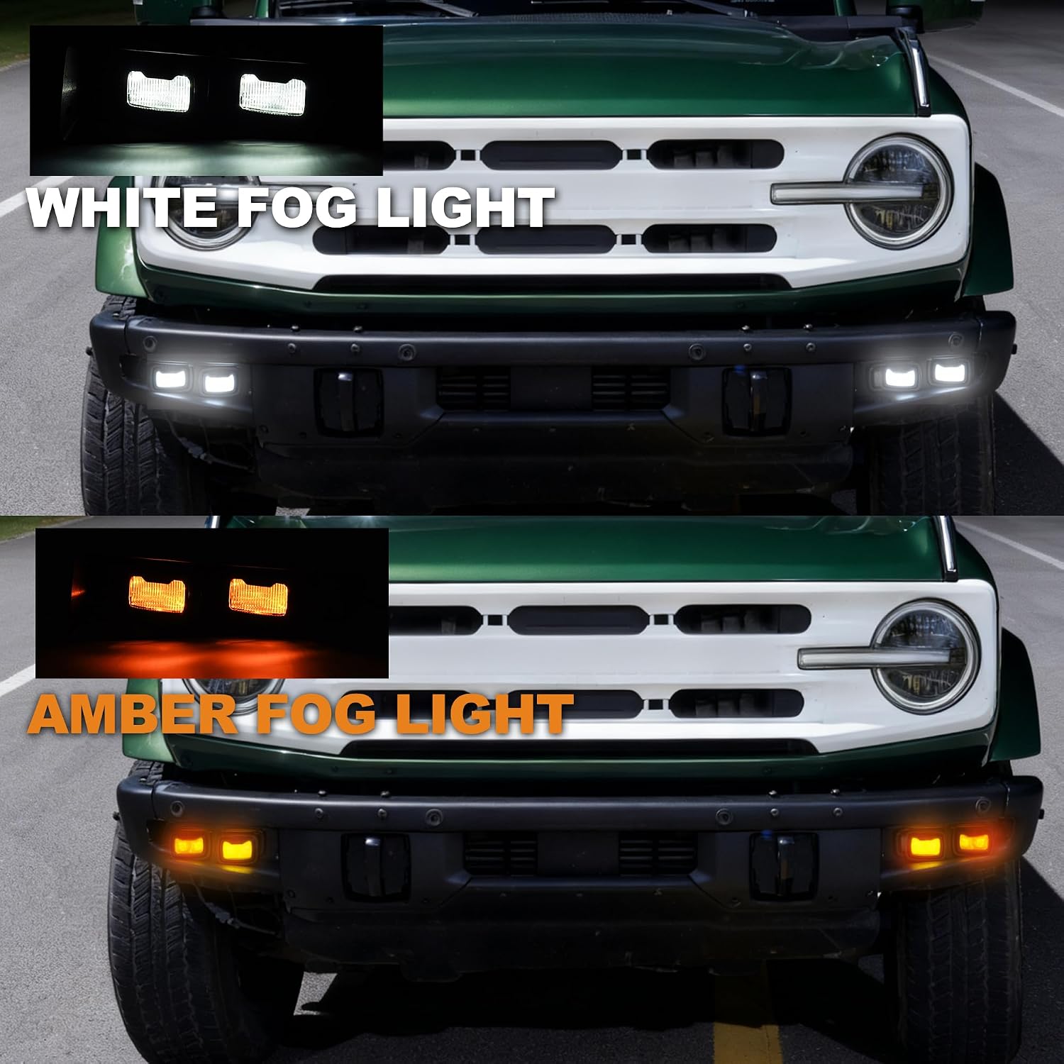 Raptor Style LED Fog Lights Fit for Ford Bronco 2021-2026 2/4 Door | Dual Color, DRL Turn Signal, Amber & White Light, for Factory & AUX Switch, Heavy Duty, Modular Bumper, 2PCS, Black Shell