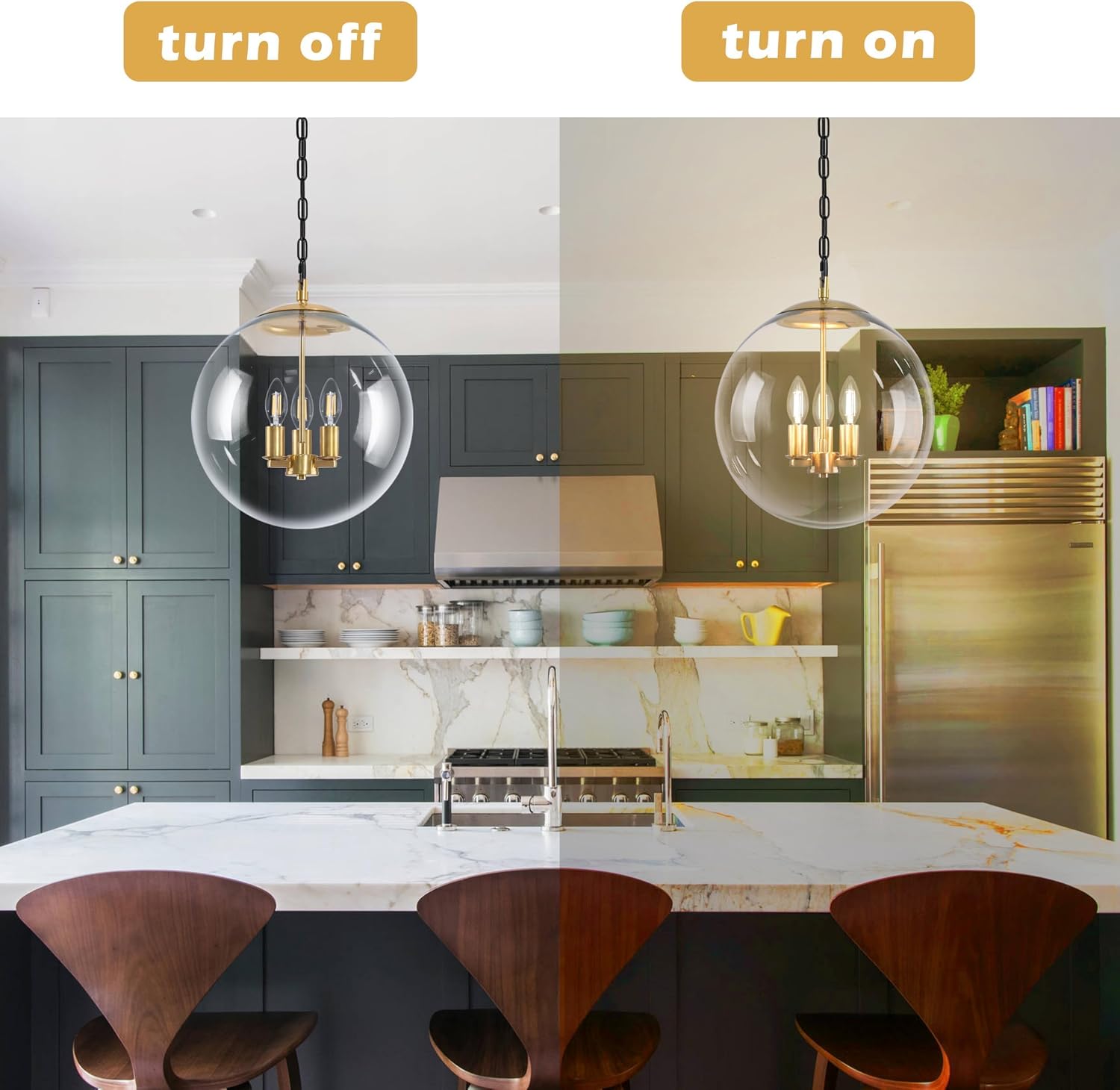 KoKo&Yukina 14' Gold Globe Pendant Light Mid Century Pendant Light Clear Glass Pendant Lights Kitchen Island Adjustable Hanging Light Fixture for Dining Room Bedroom Kitchen Island