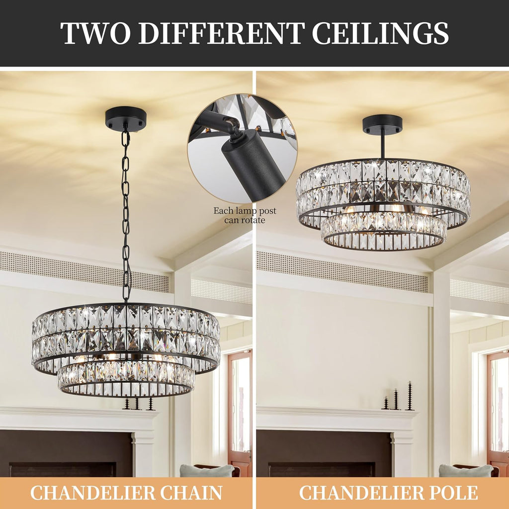 Black Crystal Chandelier 6-Light, 20 Inch Drum Semi-Flush Mount Pendant Light, Modern Ceiling Fixture for Dining Room, Foyer, Bedroom