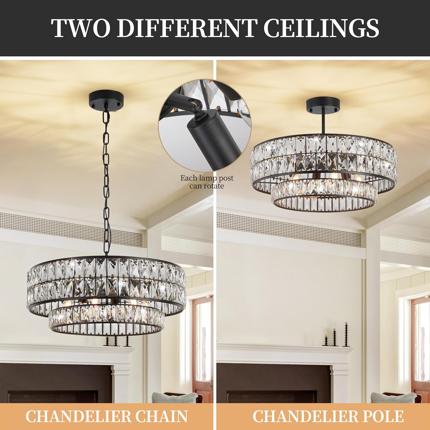 Black Crystal Chandelier 6-Light, 20 Inch Drum Semi-Flush Mount Pendant Light, Modern Ceiling Fixture for Dining Room, Foyer, Bedroom