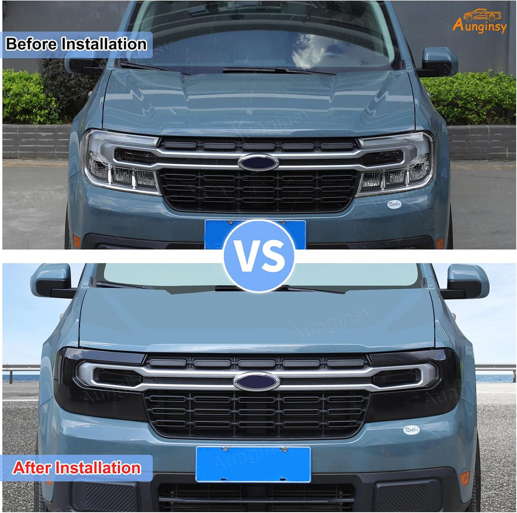 Aunginsy Car Front Headlight Trim Cover Kit Compatible with Ford Maverick 2022-2024 with Front Turn Signal Light Len Shell Shade Smoked Black Headlight Frame Bezels Protector ABS Exterior Accessories