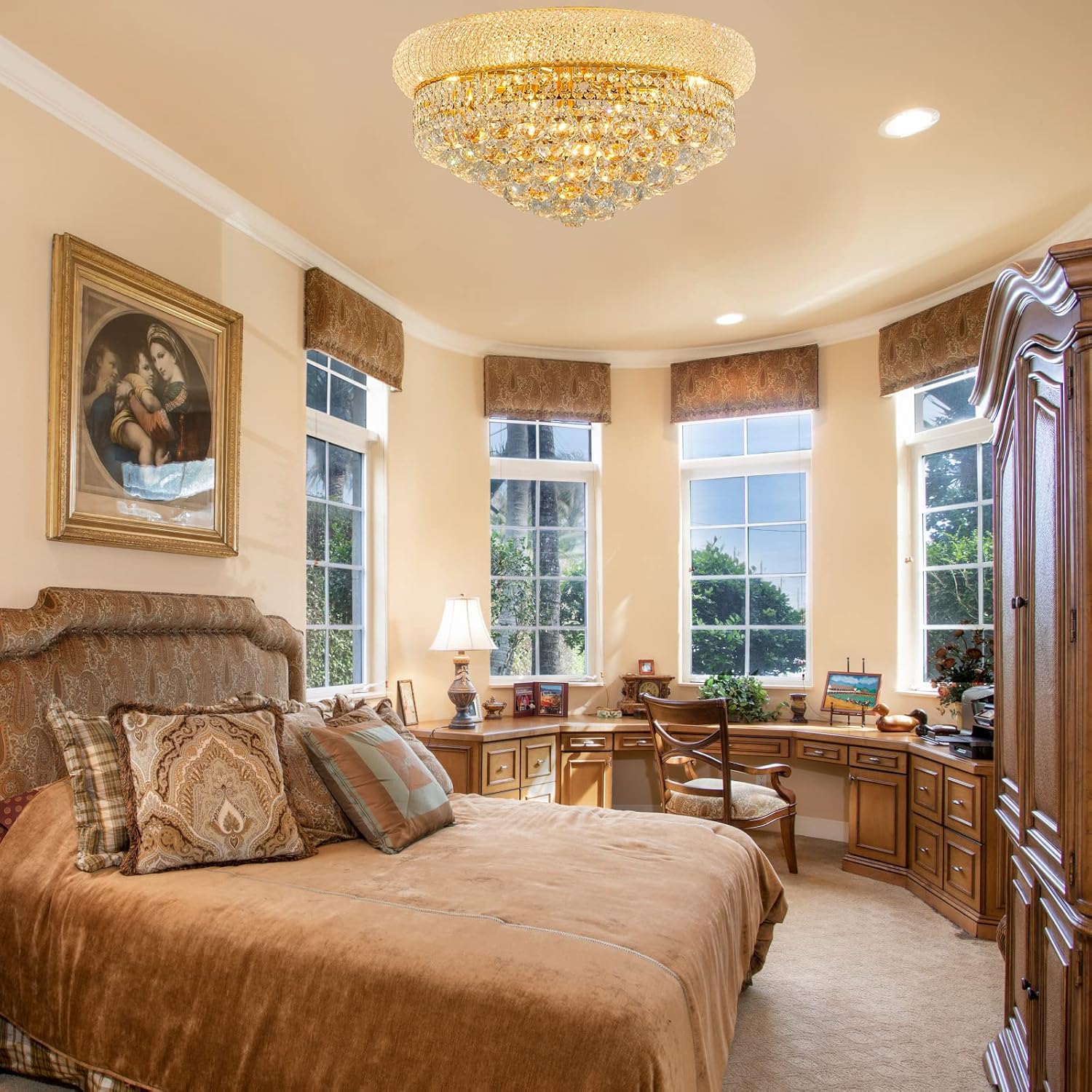 9 - Light Flush Mount Crystal Chandelier for Living Room Dining Room Entryway Hallway Bedroom Foyer Gold Finish