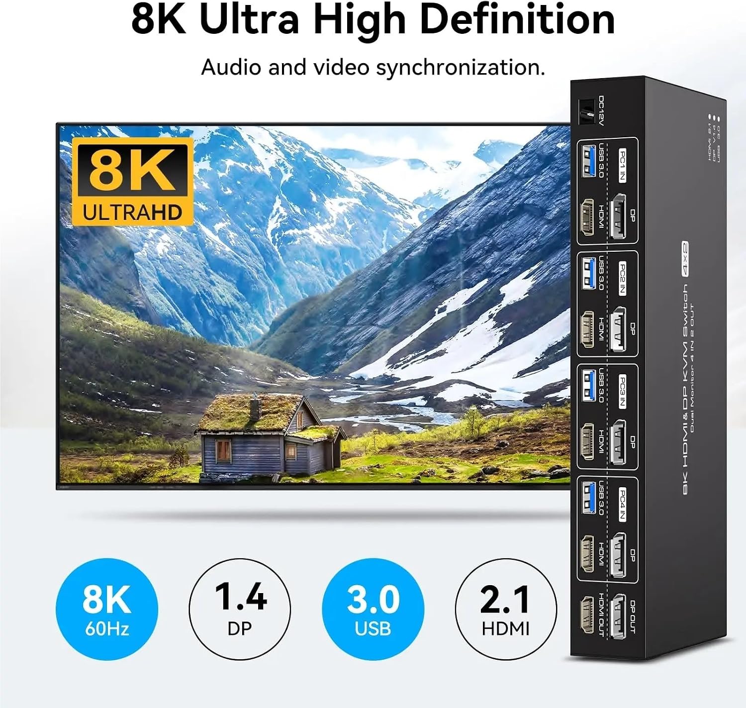 8K Displayport HDMI KVM Switch 4 Computers 2 Monitors KVM Switches Dual Monitor for 4 PC Sharing 2 Monitor and 4 USB3.0 Devices(US Power Plug)