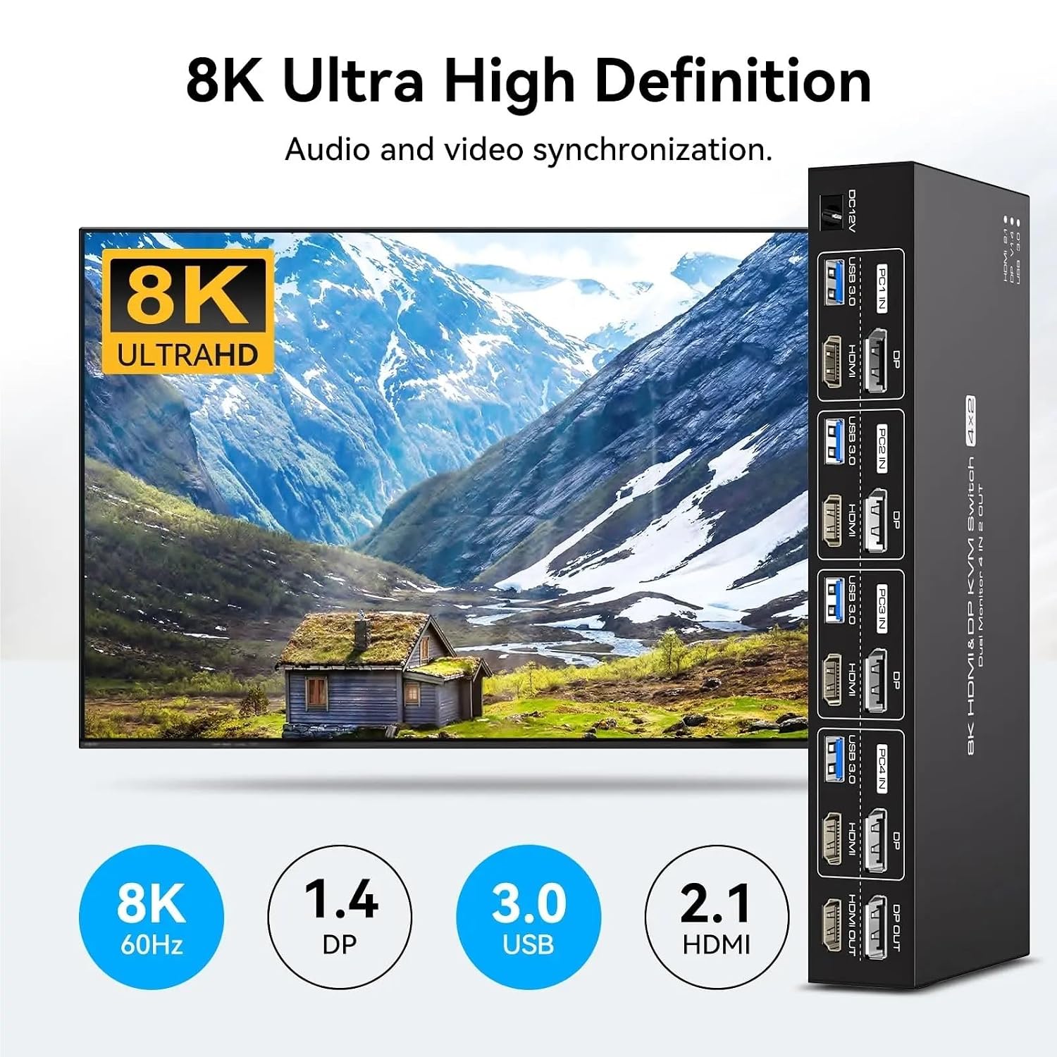 8K Displayport HDMI KVM Switch 4 Computers 2 Monitors KVM Switches Dual Monitor for 4 PC Sharing 2 Monitor and 4 USB3.0 Devices(US Power Plug)