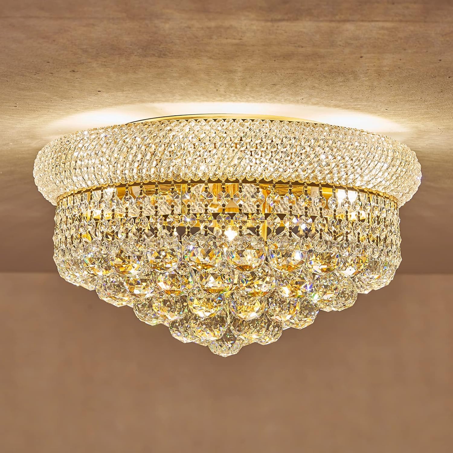 7 - Light Flush Mount Crystal Chandelier for Living Room Dining Room Entryway Hallway Bedroom Foyer Gold Finish