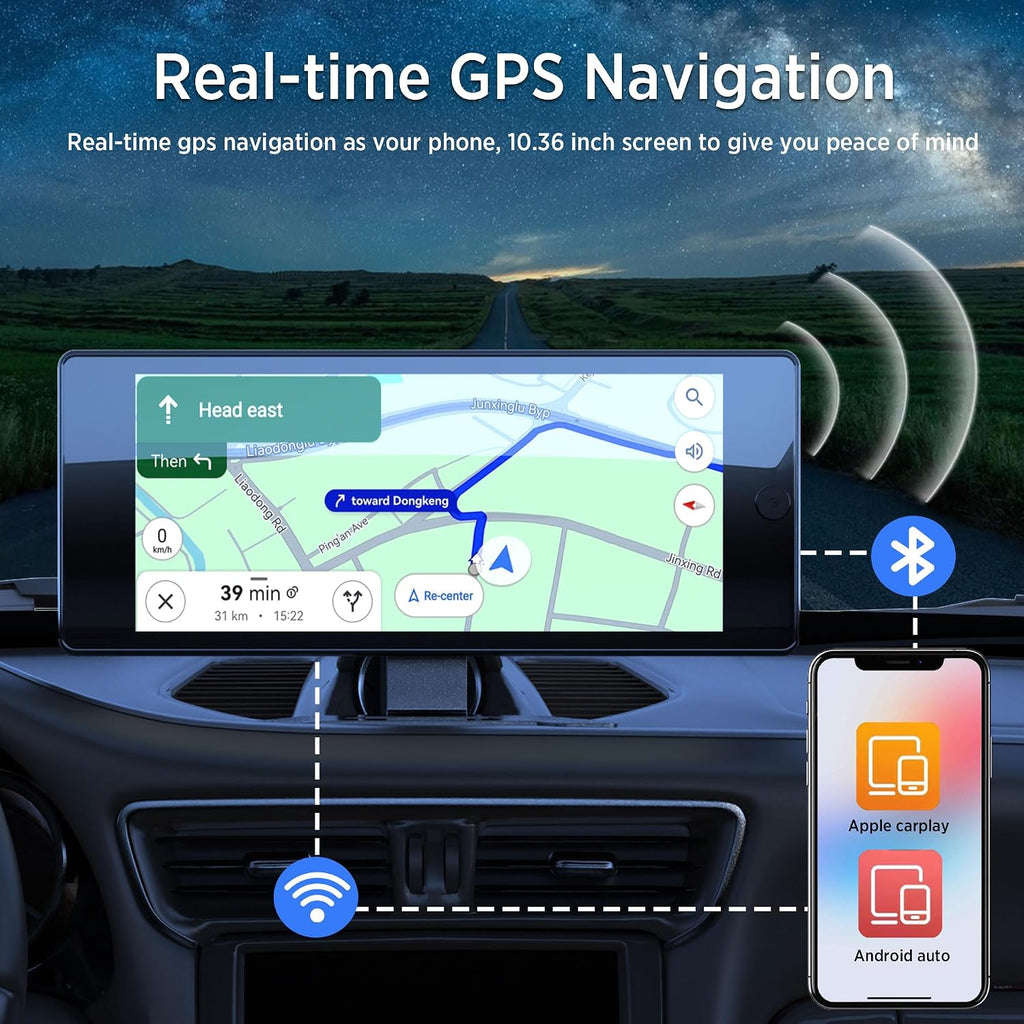 ASLONG 10.36' Wireless CarPlay Screen for Car & 4K 4CH Dash Cam with Android Auto, Portable HD Touchscreen Car Stereo with 1080P Backup Camera, GPS Navigation Mirror Link for Semi Trailer Truck