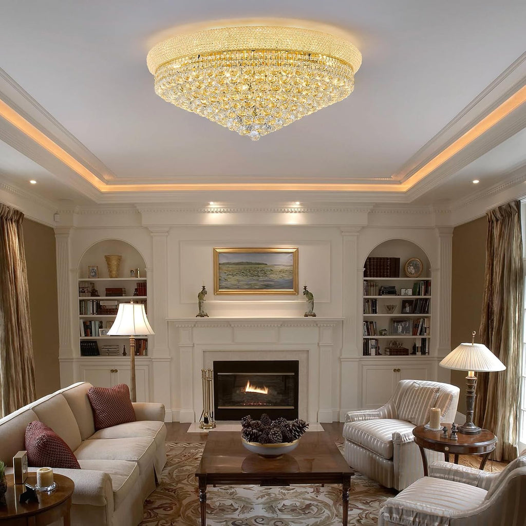 18 - Light Crystal Flush Mount Chandelier Ceiling Light Fixture for Living Room Dining Room Entryway Foyer Gold Finish