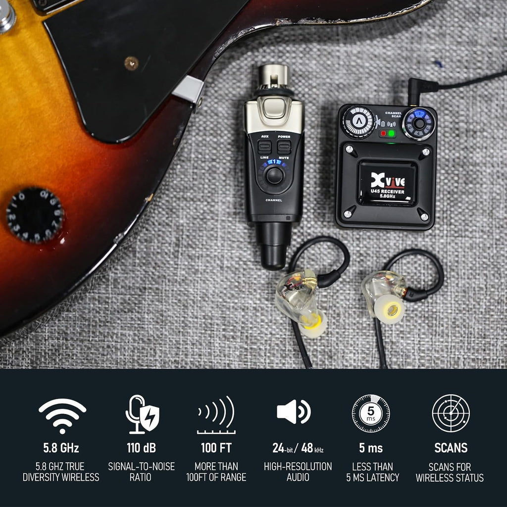 Xvive U45 Wireless in Ear Monitor System 5.8ghz IEM System Transmitter and bodypack Receiver for Studio, Band Rehearsal, Live Performance, Channel Scan Mode, Black