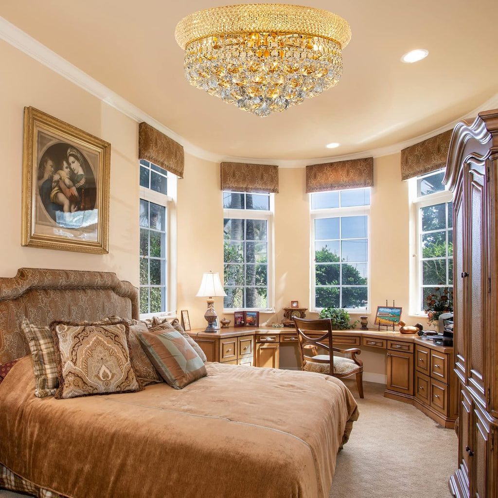 7 - Light Flush Mount Crystal Chandelier for Living Room Dining Room Entryway Hallway Bedroom Foyer Gold Finish