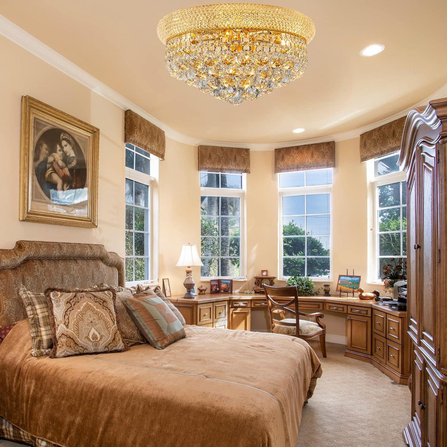 7 - Light Flush Mount Crystal Chandelier for Living Room Dining Room Entryway Hallway Bedroom Foyer Gold Finish