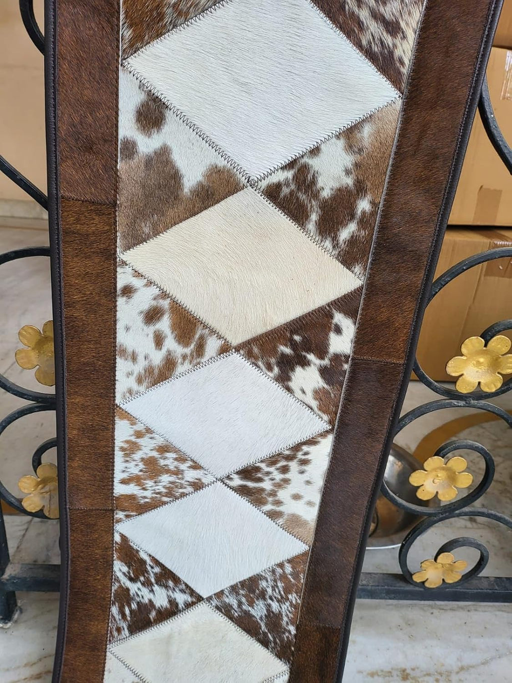Leather Cow Hide Table Runner 12 x 72 inches Long Decorated with Brown and White Laser Cut Diamond Shape Patch in Between - Black Fringe at Both Corners