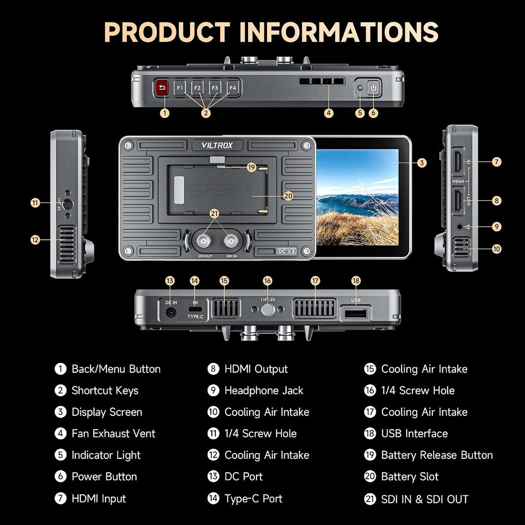 VILTROX DC-X3 2000 Nits SDI Camera Field Monitor, 4K HDMI 6 inch Touchscreen On Camera Monitor, 3D Lut 1920X1080 HD Focus Peaking Assist Full Waveform Video Field Monitor with Battery Sunshade Hood