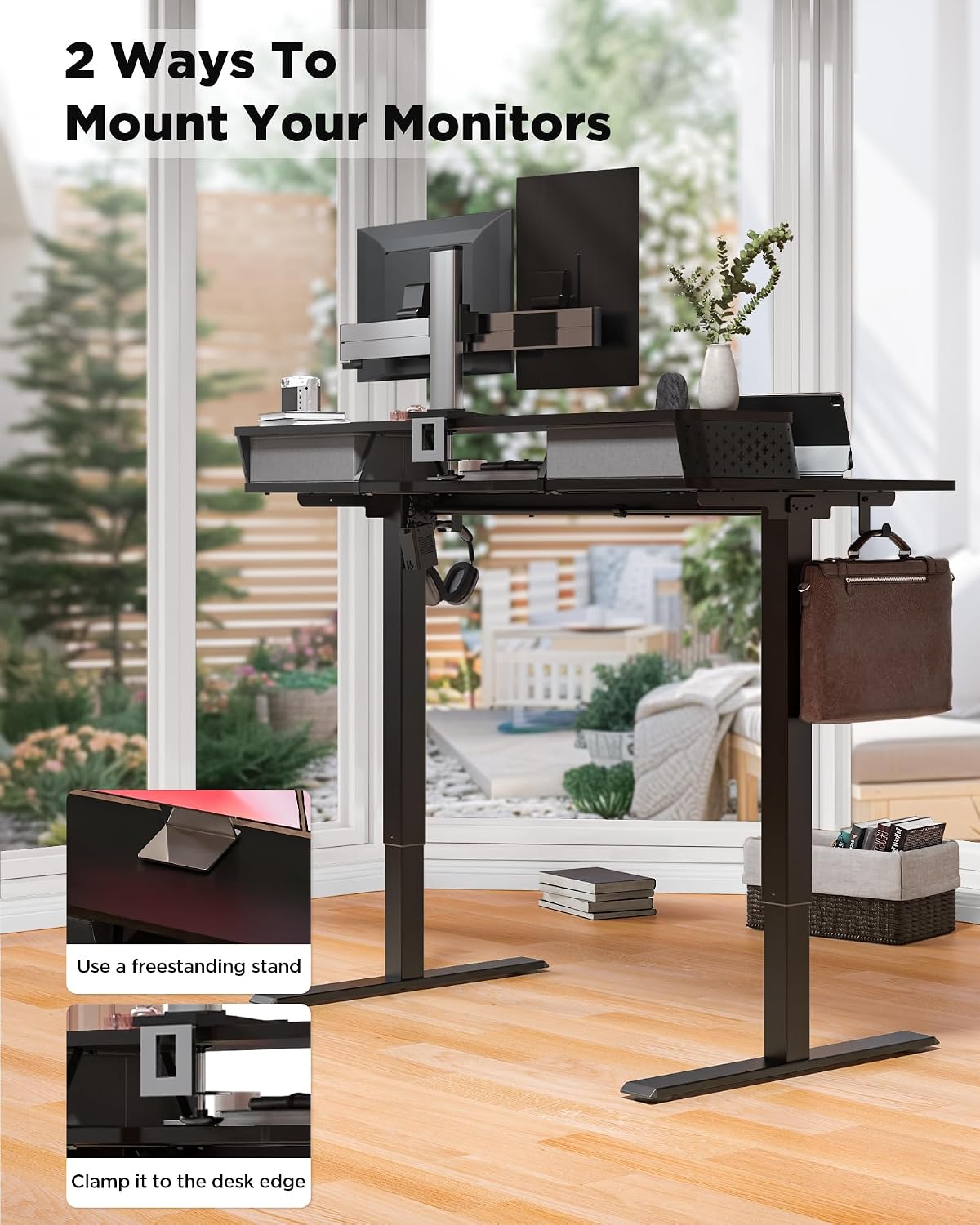 FiCiHi 48x24 Inch Standing Desk with Drawers, C-Clamp Mount Compatible, Electric Adjustable Height Computer Stand Up Desks, Home Office Sit Stand Table with 3 Preset Heights, Black