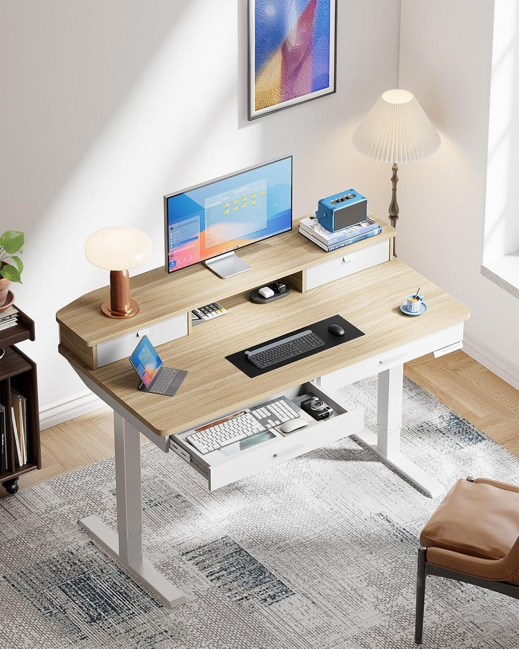 HUANUO 55 x 30 inch Standing Desk with Wood Drawers,Electric Stand up Home Office Desk Adjustable Height with Two Tiers, Natural Ergonomic Stand up Desk with Monitor Stand