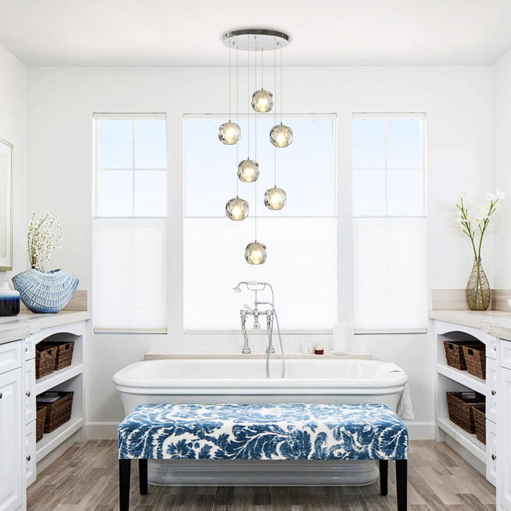 7-Light Multi-facted Crystal Pendant Light Fixture, Cluster Pendant Chandelier Lighting in Chrome, Adjustable Hanging Island Light for Kitchen Dining Room Hallway