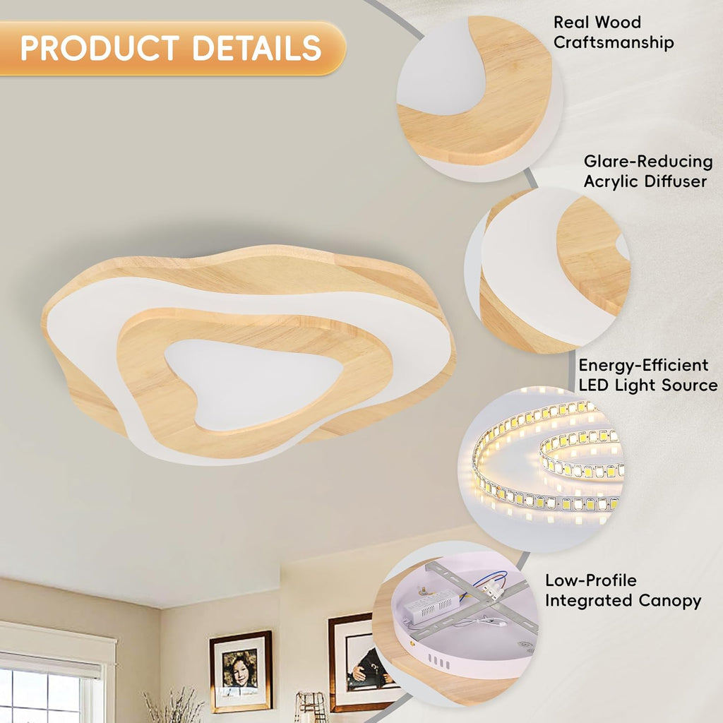 Littleglovo 15.7' Modern Flush Mount LED Chandelier for Dining Room, Dimmable Natural Wood Petal Energy Chandeliers Ceiling Light for Entryway Bedroom Foyer Kitchen Living Room Bathroom