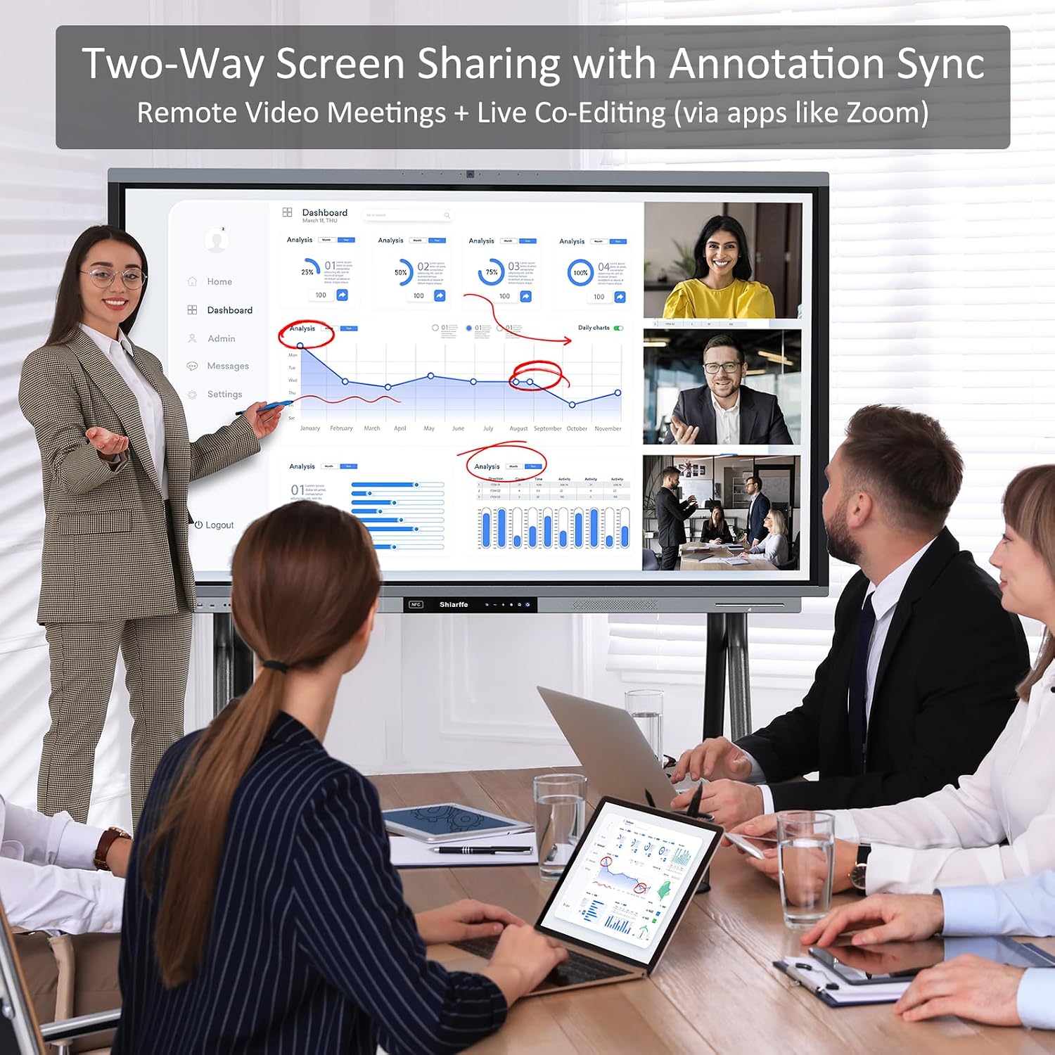 Shiarffe R9 Smart Board 75 Inch 4K Interactive Whiteboard 16GB RAM + 256GB Storage All-in-One Touchscreen Monitor Built-in 50MP AI Camera Mics and 60W Speaker for Classrom Hybrid Work (Board Only)
