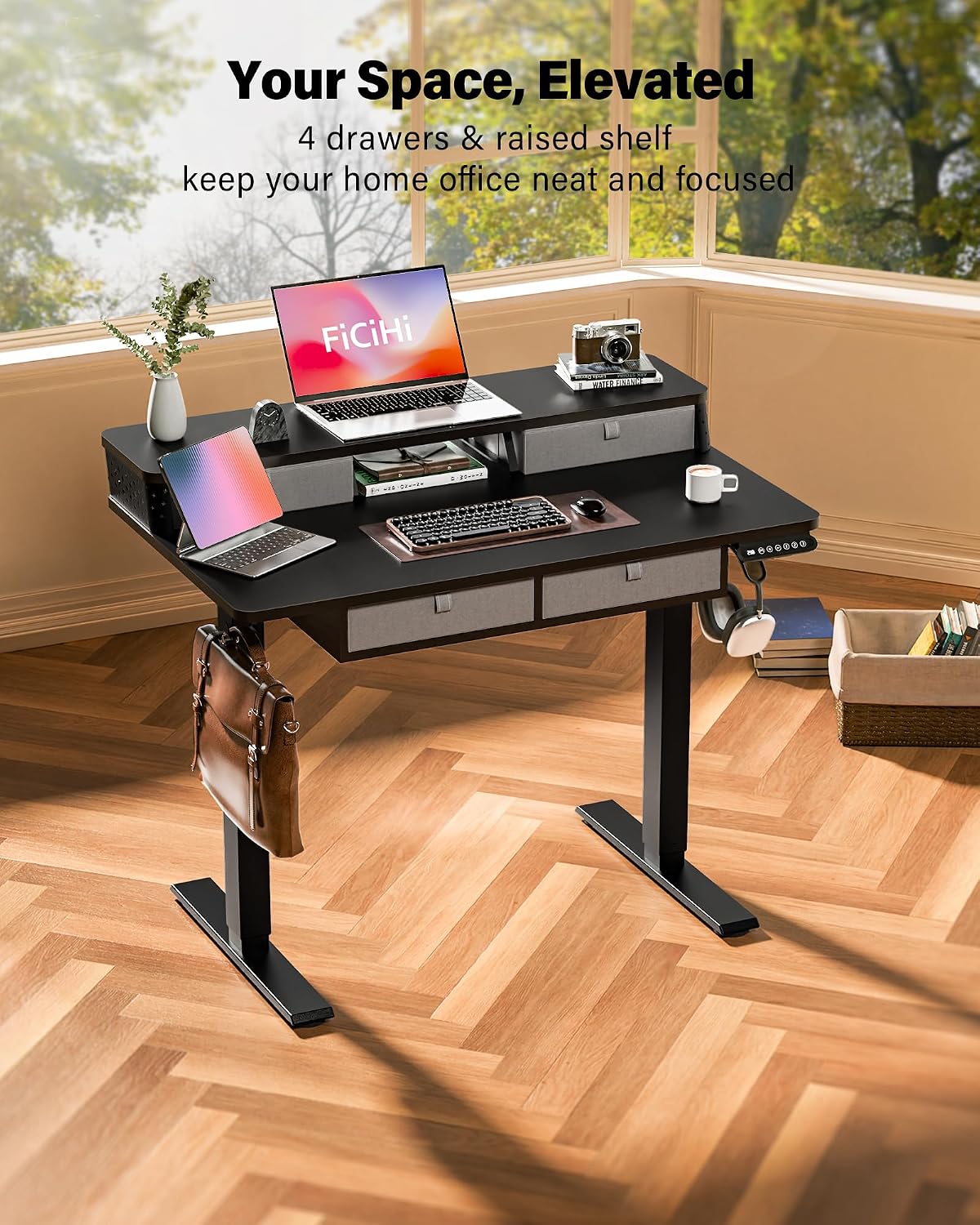 FiCiHi Electric Standing Desk with Four Drawers, 40 x 24 Inch Adjustable Height Sit Stand Desk, C-Clamp Compatible Home Office Desk with Storage Shelf & Monitor Stand Riser, Classical Black