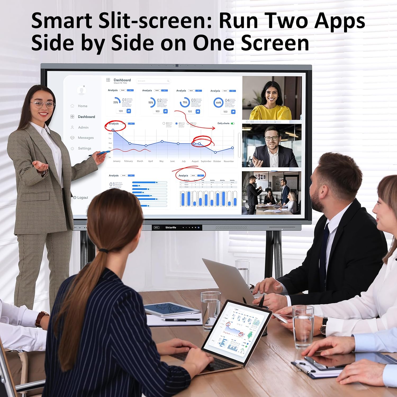 Shiarffe R9 Smart Board 65 Inch 4K Interactive Whiteboard 16GB RAM + 256GB Storage All-in-One Touchscreen Monitor Built-in 50MP AI Camera Mics and 60W Speaker for Classrom Hybrid Work (Board Only)