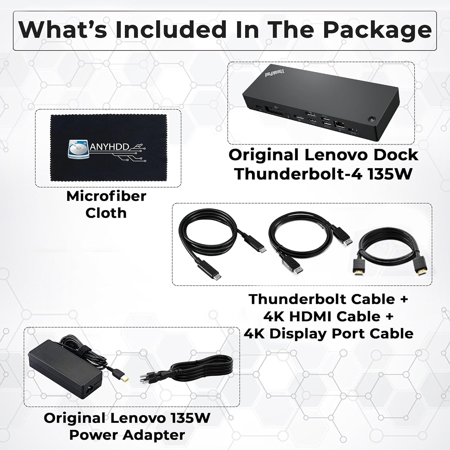 40B00135US Lenovo Thinkpad Docking Station USB C - 1 Year Warranty, Supports 4K Display, Thunderbolt 4 Dock with 135W Adapter, HDMI, DisplayPort, Thunderbolt Cables & Cloth - Lenovo Docking Station