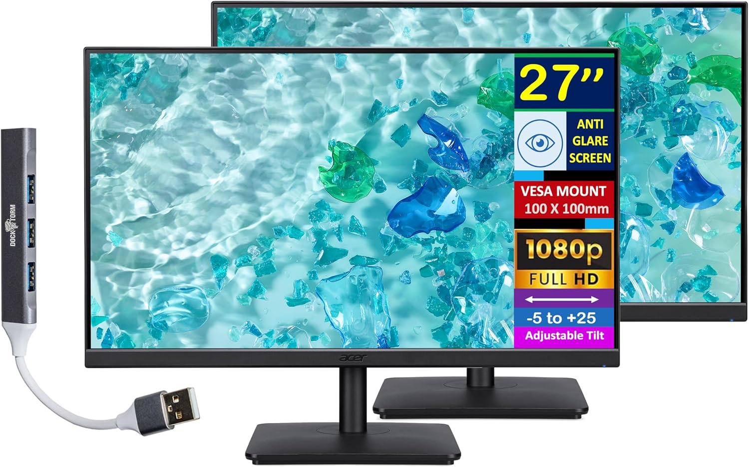 acer 27' FHD IPS Monitor with 4ms Response Time, Anti Glare, VESA Mount (100mm), VGA, HDMI & DKZ USB Port Expander, Black Color 2 Pack
