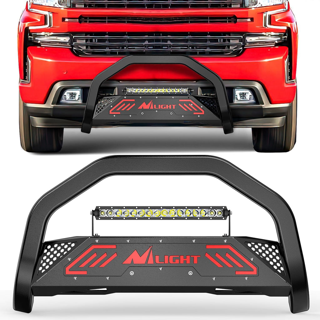 Nilight Bull Bar with Light fits 2007-2018 Chevy Silverado GMC Sierra 1500, 2007-2020 Chevy Tahoe Suburban&Yukon/Yukon XL Front Bumper Grille Brush Push Guard with Skid Plate Licence Plate Hole Black