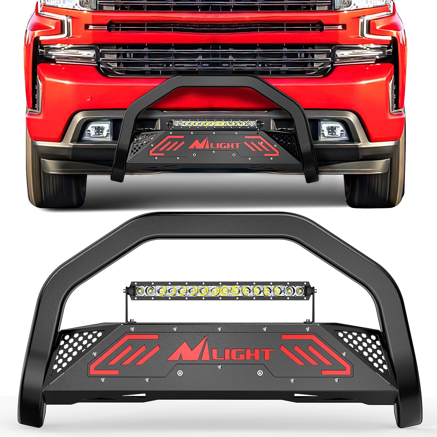 Nilight Bull Bar with Light fits 2007-2018 Chevy Silverado GMC Sierra 1500, 2007-2020 Chevy Tahoe Suburban&Yukon/Yukon XL Front Bumper Grille Brush Push Guard with Skid Plate Licence Plate Hole Black