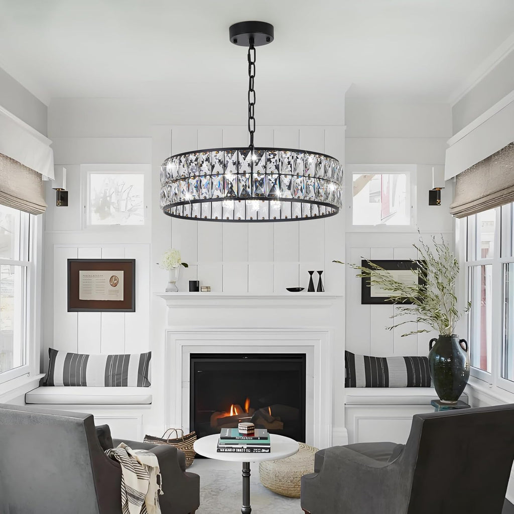 Modern Elegant 6-Light Black Crystal Chandelier, 18-Inch Oversized Round Semi Flush Mount Ceiling Light Fixture, Perfect for Enhancing Kitchen Island Ambiance & Stylish Entryway Décor