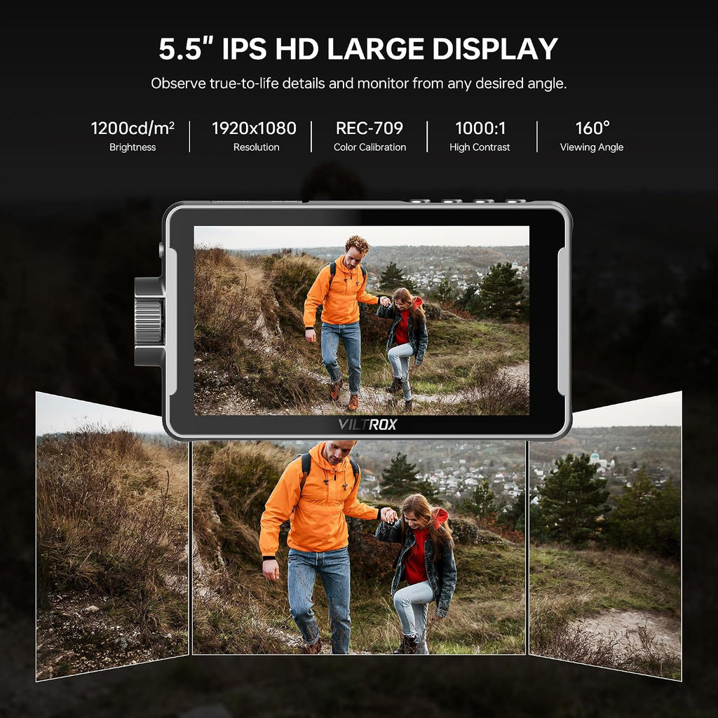 VILTROX DC-550 5.5' Camera Field Monitor, 1200 Nits 1920x1080 IPS Touch Screen DSLR Camera Monitor with 3D LUT, 4K HDMI Loop in/Out with Peak Focus DSLR Video Assist HDR Waveform Sunshade Hood/Battery