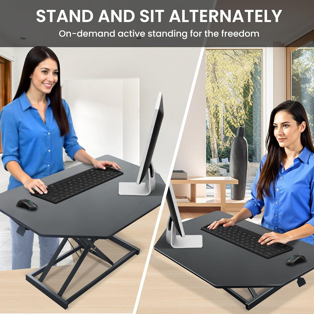 Aconcept 34 inch Black Corner Height Adjustable Standing Desk Converter, One-Click Sit to Stand up Desk Riser, Pre-Assembled Dual Monitor and Laptop Workstation